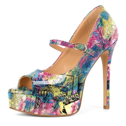 Image of SAMMITOP Women's Peep Toe High Heels Platform Stiletto Pumps Patent Mary Jane Heels 5.5 inch Party Wedding Dress Shoes