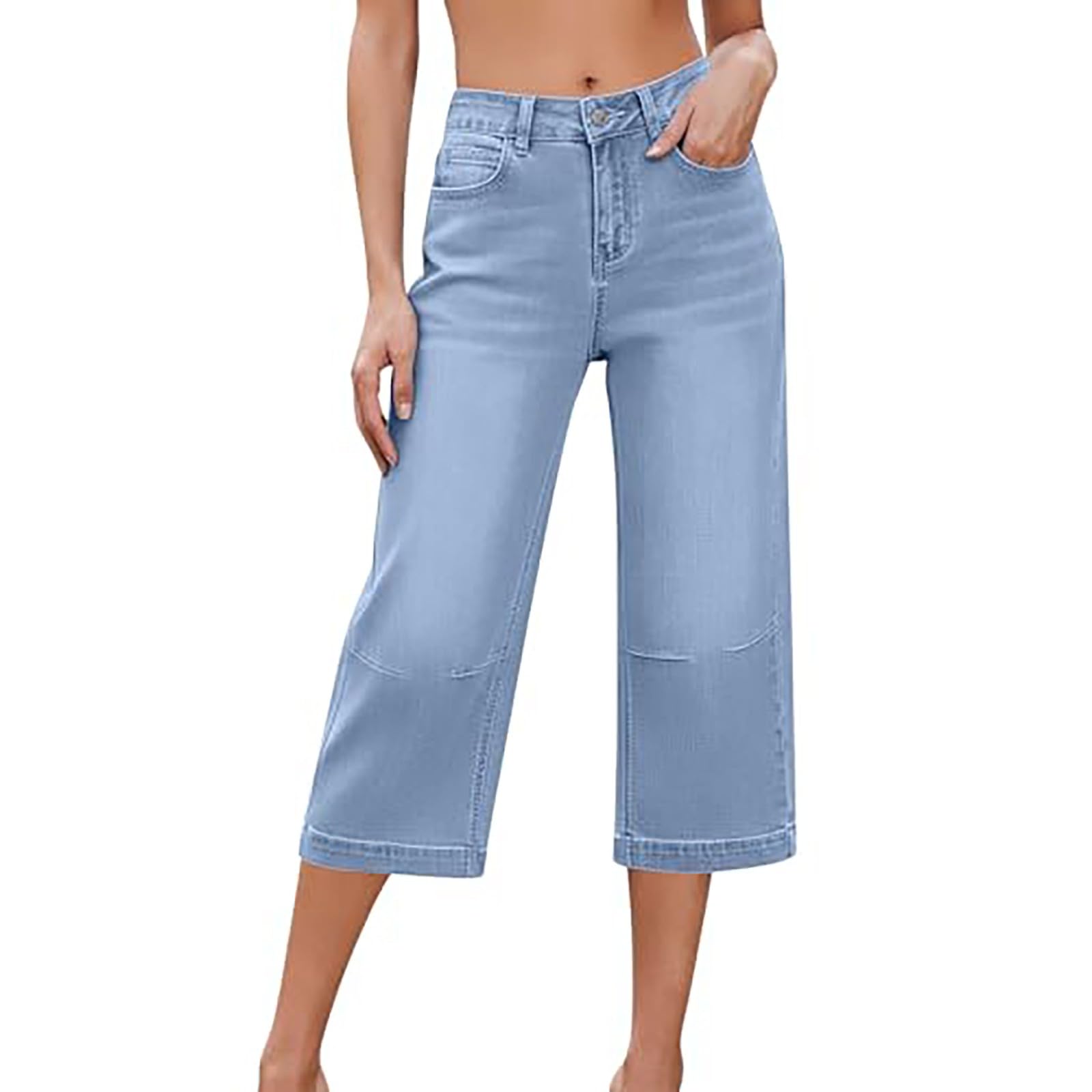 Pantacourt Baggy en denim pour femme - Coupe ample - Coupe ample - Coupe droite - Couleur unie - Coupe droite - Coupe droite - Courbé - Pantalon de loisirs - Avec poches