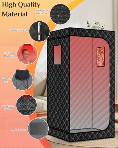 Image of Smartmak Portable Sauna with Infrared 660nm Red Light Therapy Lamp for Home | Personal Large Full Size Sauna Spa Tent, 1500W High Power Hot Air Saunas, Folding Chair Indoor Relaxation Use, 130-150F