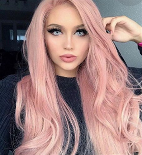 Cool2day Long Wavy Wig Heat Resistant Fiber Synthetic Lace Front Wig for Women 24" Pink Wig Cosplay Wigs