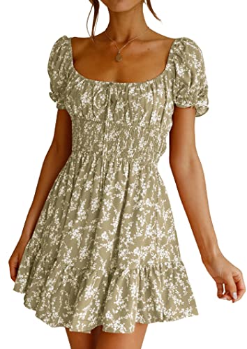 Image of Imily Bela Womens Summer Dress Ruffle Sleeve Sqaure Neck Smocked Sun Dress Casual Boho Beach Floral Mini Dress