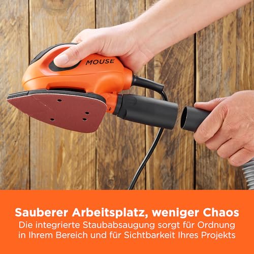 BLACK+DECKER Dreieckschleifer Mouse für staubfreies Schleifen (55 Watt Schleifmaschine, Schleifplatte 133 x 95 mm, Schleifen/Polieren, inkl. Schleifpapiere + Fingerschleifpapier) BEW230BCA