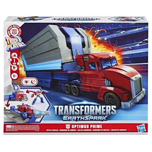 Image of Transformers EarthSpark Optimus Prime Battle Trailer Playset with Action Figure, Lights and Sounds, Electronic Truck Toys for Kids 6 and Up
