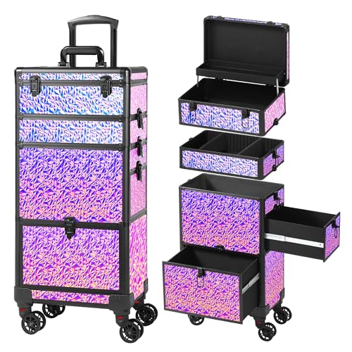 GALHUBIS Rolling Makeup Case with Large Drawer Makeup Train Case with Tray Cosmetology Case on Wheels Travel Makeup Case Organizers Professional for Salon Barber Nail Tattoo Multicolor Purple