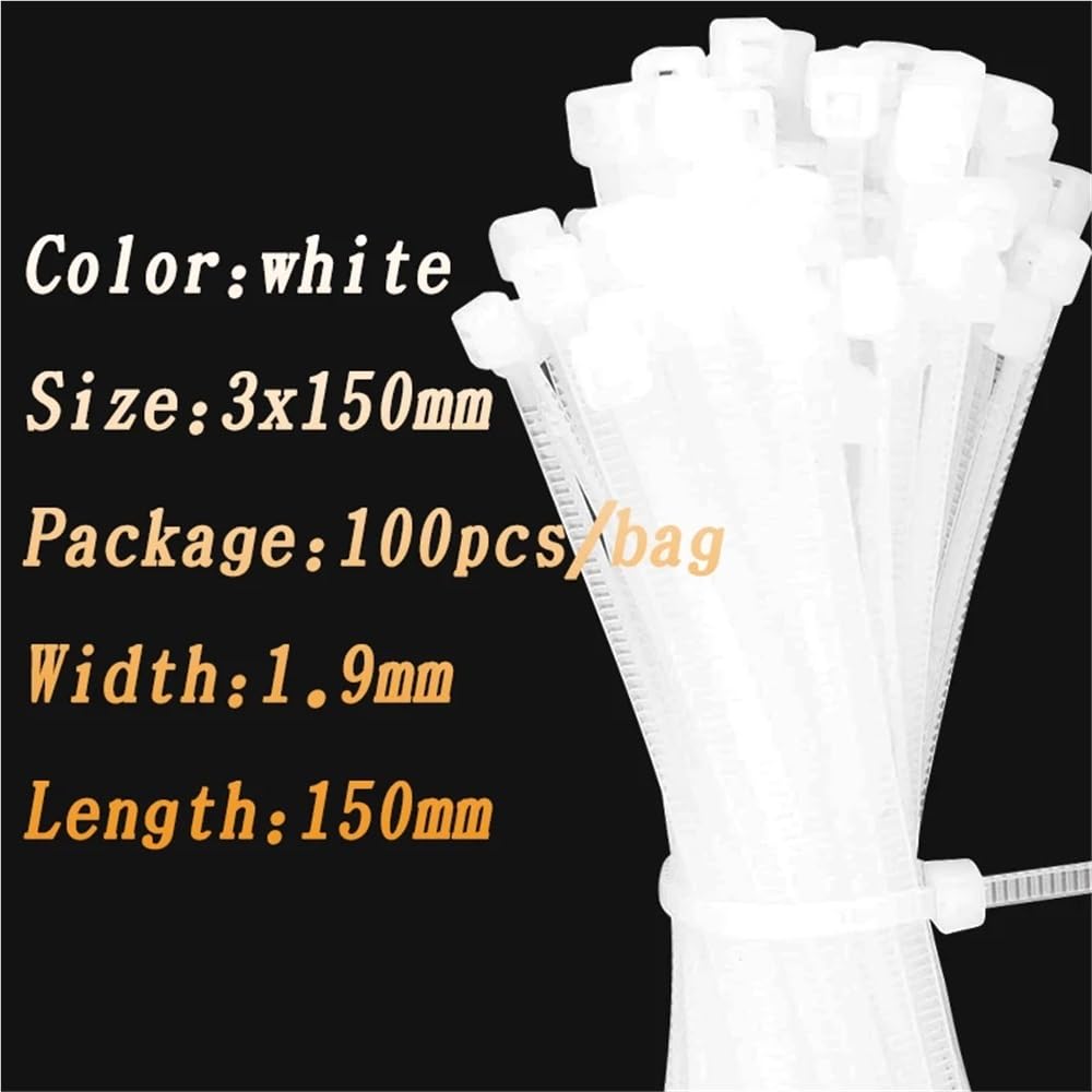 Hebilla de nailon para cables, 100 bridas de nailon de 3 x 100/150 mm, 4 x 200 mm, color blanco con autobloqueo (3 x 100 mm, 100 unidades)
