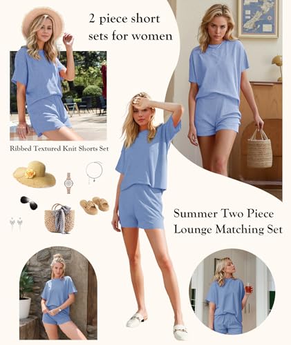 Image of MARZXIN Women 2 Piece Shorts Set 2026 Casual Summer Cruise Outfits Ribbed Loose Short Sleeve Pocket Matching Lounge Sets