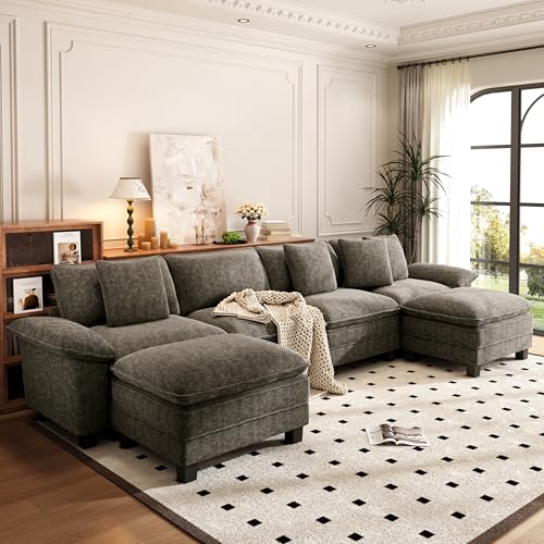 Image of PHI VILLA Cloud Modular Couch Sets, 157.5 inch Oversized Sectional Sofa with U-Shaped Chaise, 6-Seater Couches with Movable Ottomans for Living Room, Chenille Smoky Grey