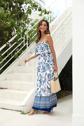 Image of ZMPSIISA Women's Summer Off The Shoulder Maxi Dress Ruffle Strapless Blue White Porcelain Boho Casual Loose Long Dresses