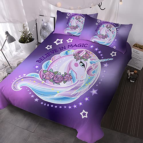 BlessLiving Doppel-Einhorn-Bettwäsche-Set, violettes Einhorn-Bettwäsche-Set, 3-teilig, weiche Mädchen-Bettdecke, Cartoon-Einhorn-Tagesdecken, Kinder, Jugendliche und Frauen, Doppelgröße Cover