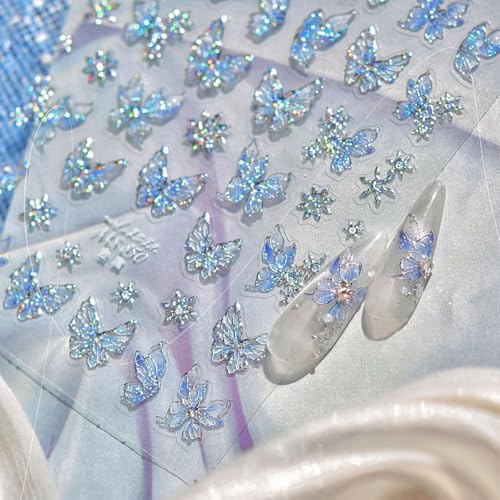 Shimmering Blue Butterfly Nail Stickers with Rhinestones - 5D Embossed Self-Adhesive Nail Art Decals for Women Manicure Decoration Accessories