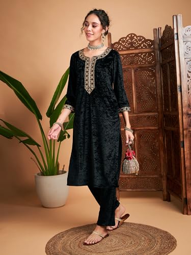 Image of Women Velvet Embroidered Straight Kurta