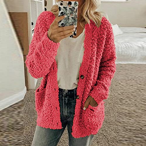 EMATOP Damen Fleecejacke Winter Teddy Mantel Warm Flauschig Jacke Dicke Gefüttert Plüschjacke Casual Langarm Wolljacke Kuschelig Einfarbig Winterjacke mit Taschen Teddyjacke Outdoor Wintermantel