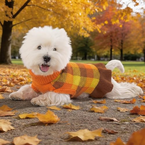 Image of Dog Sweater Dress Plaid Knitwear for Small Medium Dogs Warm Puppy Pet Turtleneck Stretch Pullover Cute Fall Winter Vest Clothes with Leash Hole for Christmas (Orange, XS)