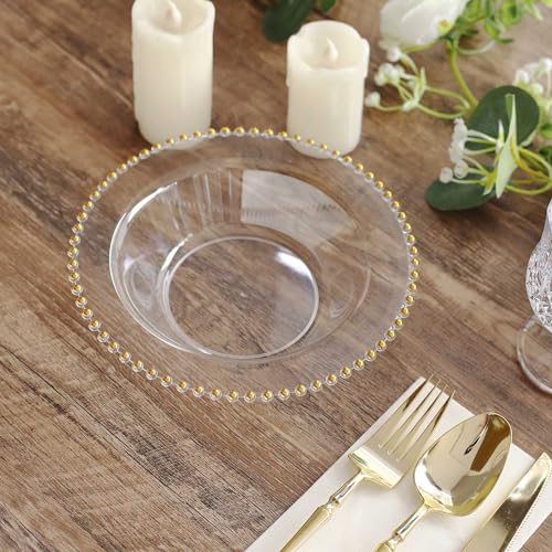 Efavormart DSP_BO4239_12_CLGD Efavormart 10 Pack Clear Plastic Soup Bowls With Gold Beaded Rim, Round Disposable Dessert Salad Bowls cover