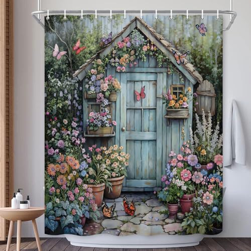 EUBTPA Outhouse Shower Curtain Vintage Farmhouse Garden Rustic Flower Cottage Teal Wooden Board Country Scene Bath Decor Polyester Fabric Curtains 70X70 Inch