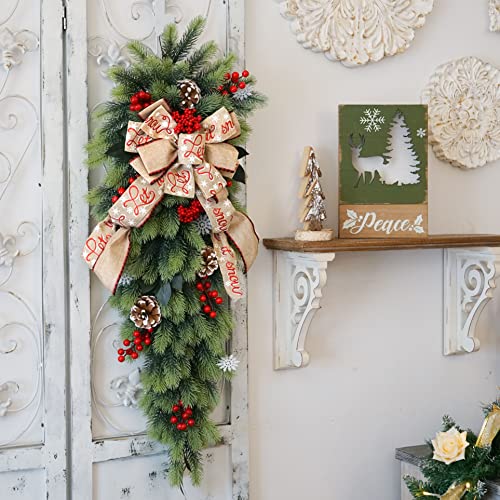 36 Inch Christmas Teardrop Swag, Christmas Holiday Swag Wreaths For Front Door With Lights (Not Pre-Lit) , Natural Pine Cones, Red Berries, For Wall Window Fireplace Indoor&Outdoor Xmas Decor #TOP6