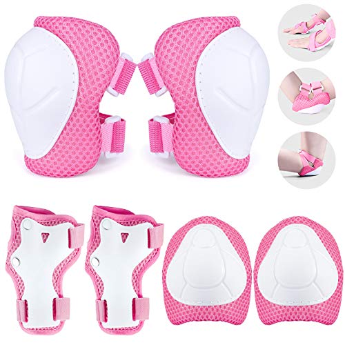 TOSHIHIKO Protecciones Skate Niño, 6 Pack Juego de Protección Rodilleras y Cojines de Codo para Niños Patinaje Ciclismo Bicicleta Monopatín Juego de Equipo de protección para Niño,Rosado