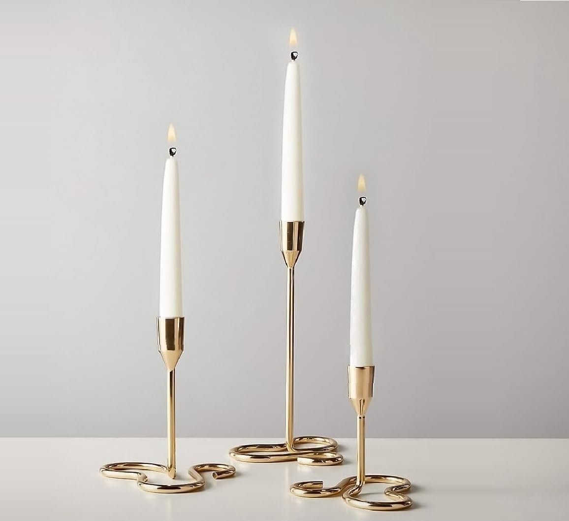 Golden Curve Taper Candle Holder, Candlestick Holders Taper Candle Holder, Gold Metal Candle Stand for Home & Decor - 3 Pcs Candle Stick Holders Set (L + M + S)-image-1