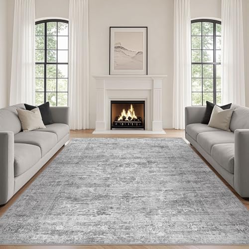 Grey Rug 7x9 Area Rug: Washable Boho Large Vintage Neutral Soft Rugs Stain Resistant Farmhouse Non-Slip Indoor Floor Carpet for Living Room Bedroom Playroom Office Dining Room Apartment Dorm