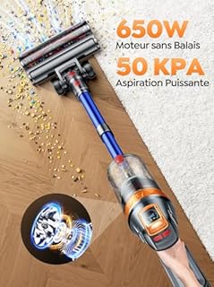 SMOTURE Aspirateur sans fil 650 W 50 KPA avec mini buse turbine pour poils d'animaux, autonomie de 60 min, aspirateur autoportant, sans fil, avec station de charge murale, mode automatique pour tapis