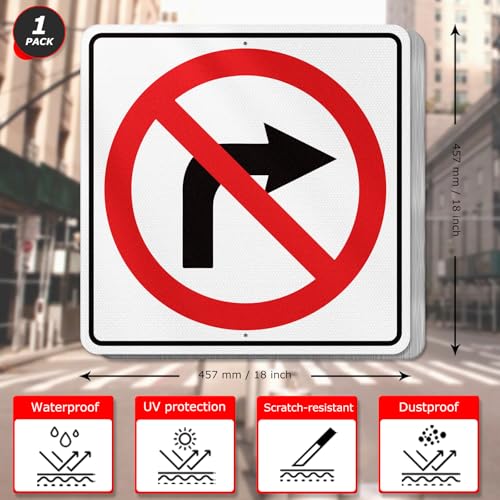 YIKIADA No Right Turn Sign 18 × 18 Inches Engineer Grade Reflective Pre-Drilled Holes Aluminum Traffic Signage for Road Street Parking Lot Warehouse by YIKIADA - Image 2