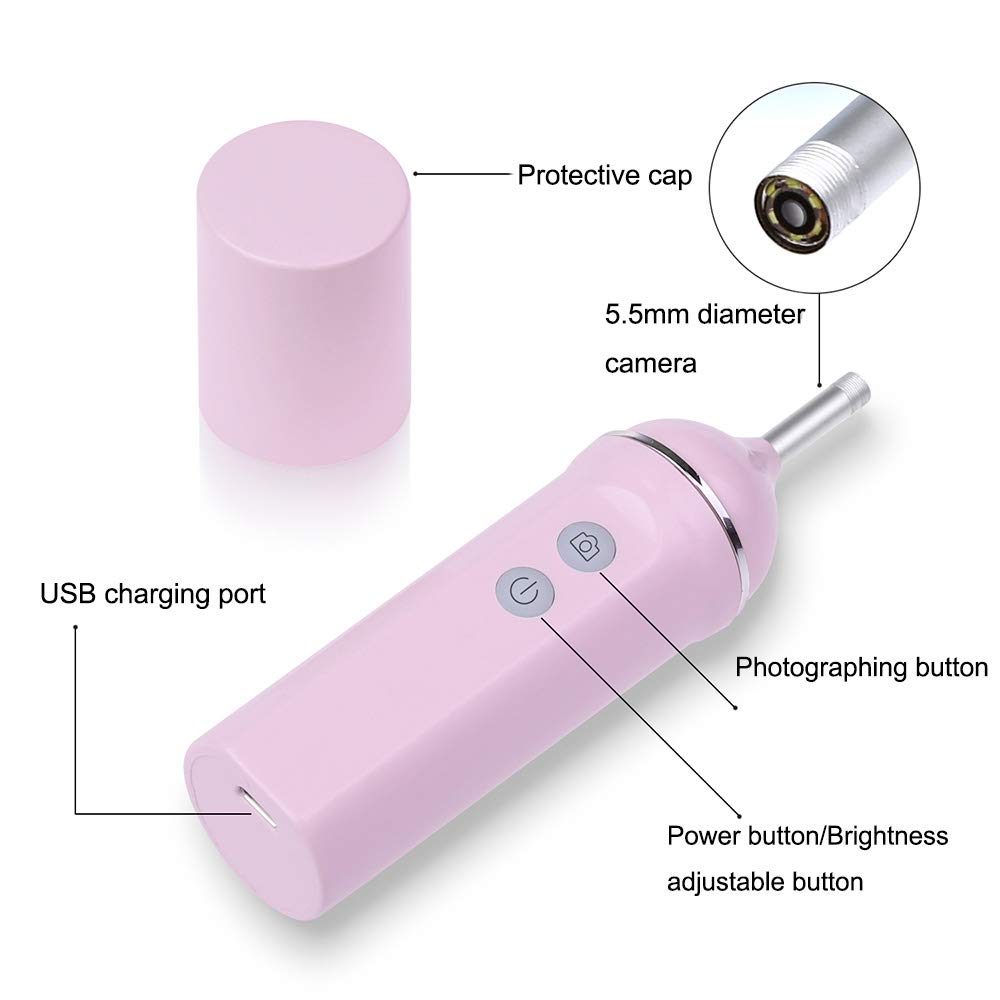 Otoscopio WiFi 720P HD Cámara de oído 5,5 mm para la inspección de oídos, endoscopio, eliminación de cera de oídos, herramienta visual con 6 luces LED, blanco
