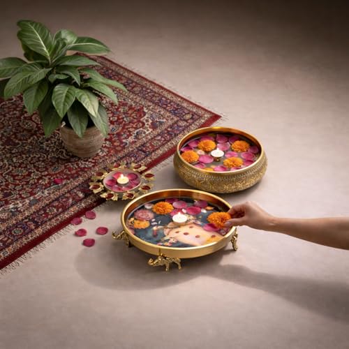 Image of Pichwai Art Kamadhenu Urli Bowl with Elephant Base | 10-Inch Decorative Metal Urli for Floating Flowers, Diya & Candle | Brass Finish Home Decor for Diwali, Pooja, & Table Centerpiece