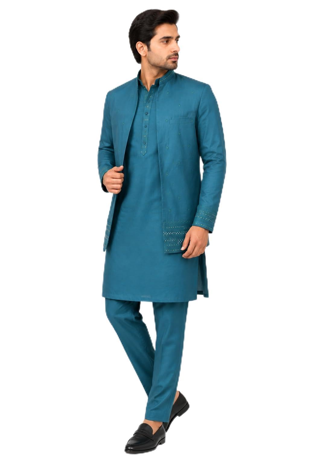 Men’s Kurta Pant Set with Embroidered Nehru Jacket open Style (IN, Alpha, L)-picture-34