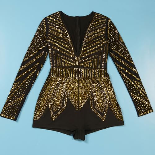 Image of Jigfar Women Sexy Embellished Rhinestone Bodycon Jumpsuit Mesh See Through Patchwork Birthday Party Night Out Clubwear