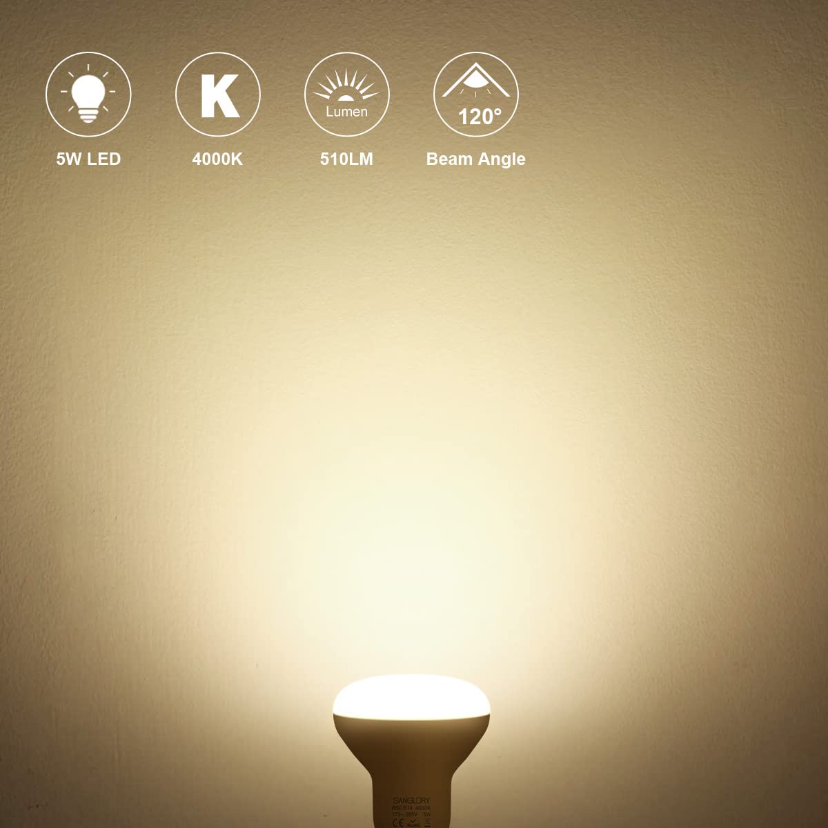 SanGlory Lampadine LED E14 Riflettore, LED R50 E14 Bianco Naturale 4000K, 5 Watt Equivalente a Alogena 40W, 510LM, 120 Gradi di Luce, Lampade Faretti LED R50 Non-dimmerabile, Confezione da 2
