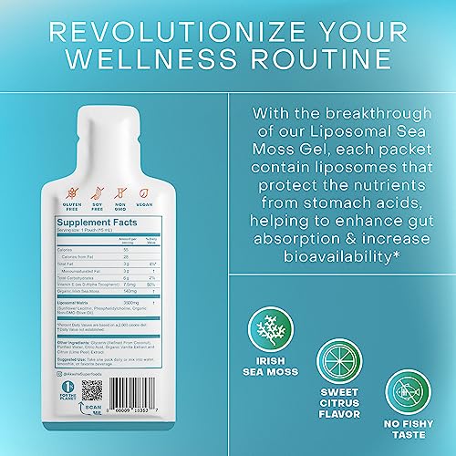 Akasha Superfoods Irish Sea Moss Gel, Liposomal Seamoss with Irish Sea Moss, Vitamin E, Citrus, Organic Vanilla, Glycerin, Skin, Energy & Gut Health Support for Women & Men, Sweet Citrus Flavor, 30 Ct - Image 6