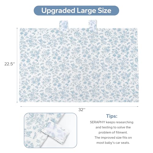 Image of SERAPHY 100% Muslin Cotton Car Seat Covers for Babies - Universal, Breathable Canopies for Boys and Girls - Soft Summer Car Seat Cover - Blue Flowers