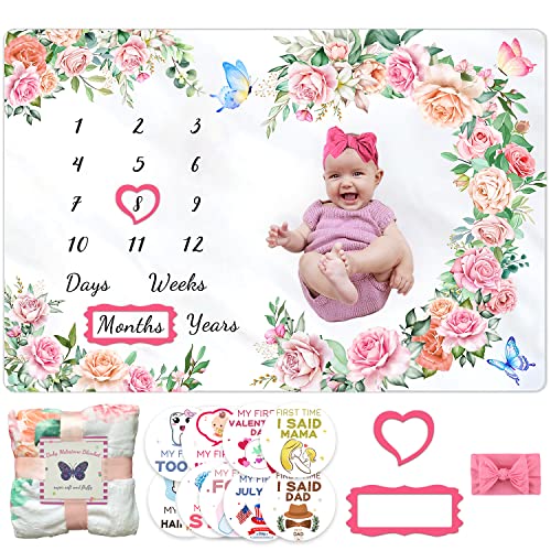 Image of Kmivo Baby Milestone Blanket Monthly Milestone Blankets for Baby Girls Blankets Photography Background Fleece Blankets 60" X 40" inches, with Cards, Frame & Bow
