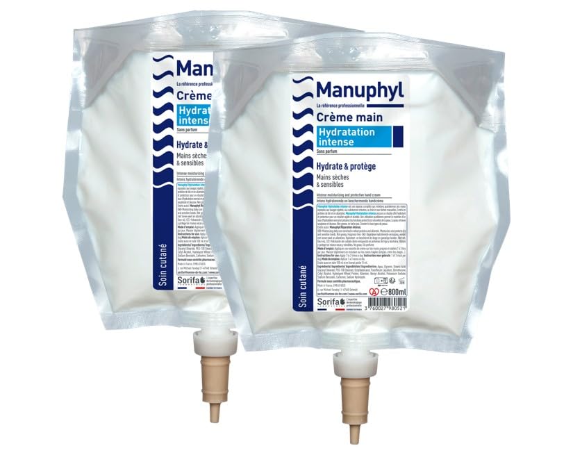 Set di 2 mani Manuphyl Crema Idratazione Intensa - Idratante e protettivo - Mani secche e sensibili - Non grassa, senza profumo, arricchito con allantoine e proteine del grano - Tasca 800 ml