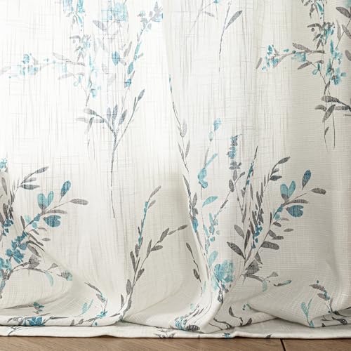 Image of MYSKY HOME Floral Sheer Curtains 63 Inch Long Linen Blended 2 Panels Teal | Bedroom Living /Dining Room Floral Light Filtering Curtains Patterned Privacy Protect Farmhouse Window Treatment 50 inch W