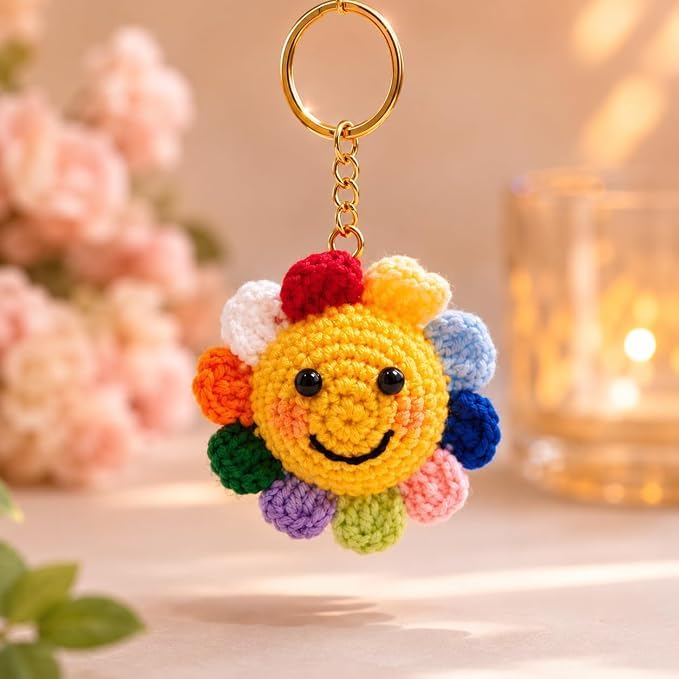 Image of Handmade Crochet Keychain Combo for Girls Women Cute Aesthetic Sunflower Strawberry Watermelon Daisy Knitted Keychain Bag Charm Purse Charm Car Key Ring Backpack Accessories Gift