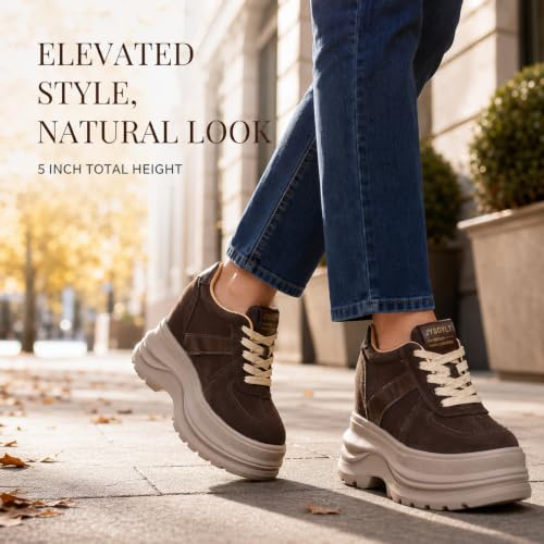 Image of Comfortable Women's Platform Sneakers, 5 Inch Heel Wedge Sneakers for Women, 12cm High Chunky Platform Shoes, Genuine Suede Leather Upper Casual Walking Shoes for Office Working Everyday wear