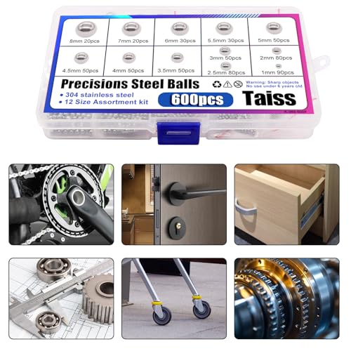 Taiss 600Stk 12Größe 1-8mm Stahlkugeln,Kugellager Kugeln,Edelstahlkugeln,Edelstahl Metallkugeln für Mountainbike Rad Präzisionsstahlkugeln 1mm 2mm 2.5mm 3mm 3.5mm 4mm 4.5mm 5mm 5.5mm 6mm 7mm 8mm