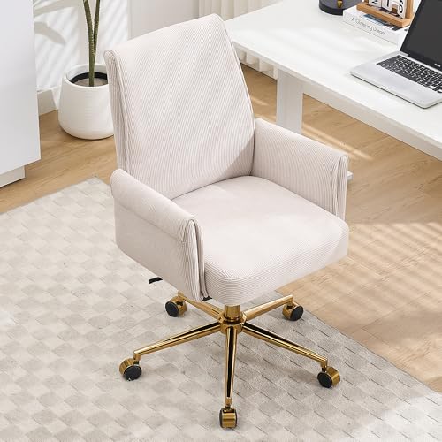 Stripes Velvet Home Office Desk Chair, Accent Upholstered Modern Height Adjustable Swivel Chair with Wheels,Ergonomic Task Chair for Living Room,Bedroom,Vanity,Study,Office（Cream）