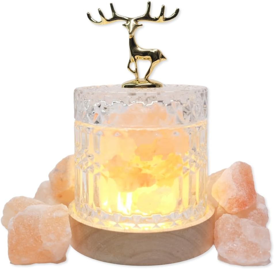 Himalayan Salt Lamp with Golden Deer Decor, Aromatherapy Essential Oil Diffuser, USB Night Lamp, Pink Himalayan Salt Crystal Rocks, Home Decor, Elegant Design, USB Powered, Natural Home Enhancement