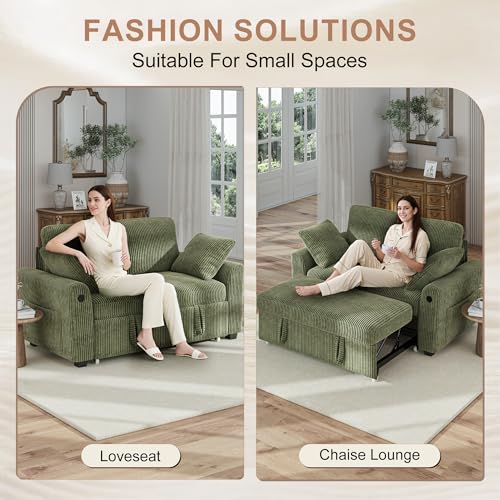 Image of Hanherry 59 inch Loveseat Sofa with Pull Out Couch Bed, Corduroy 2-in-1 Convertible 2 Seater Sleeper Sofa with USB Charging,Comfy Love Seat for Small Spaces Living Room Apartment