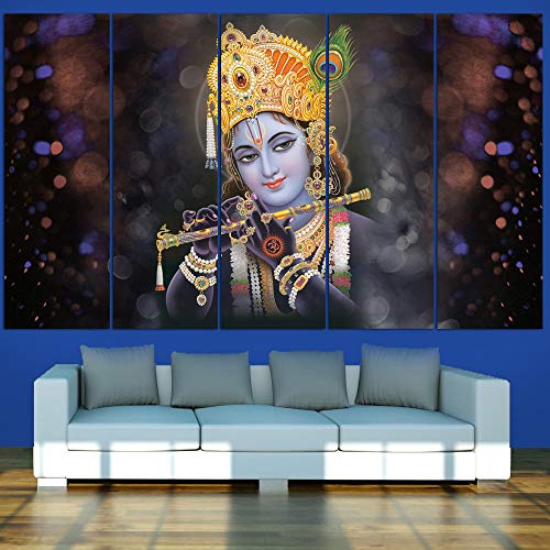 Image of Spacter art Lord Krishna Bansuri Wall Painting For Living Room Big Size Black krishna Wall Decor for Bedroom, Office, Hotels - Peaceful Digital Painting Wooden Framed for Gifting (30x60 inch) SP50