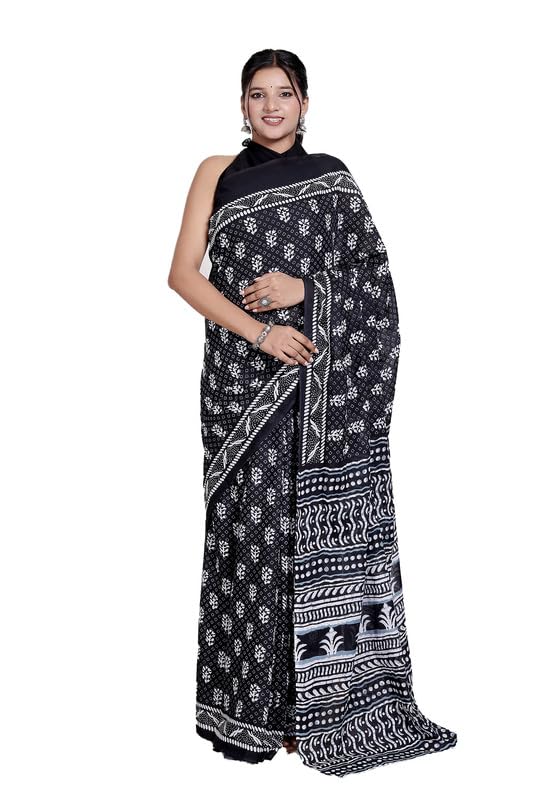 suraj international Black & White Pure Cotton Handcrafted Saree | Elegant Jaipuri Block Print Design | Soft Comfortable Cotton Saree with Blouse Piece for Women-picture-42
