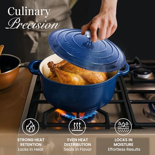 Image of Cast Iron Dutch Oven with Lid - Non-Stick Ovenproof Enamelled Casserole Pot - Sturdy Dutch Oven Cookware - Dark Blue, 7.3-Quart, 30cm - by Nuovva