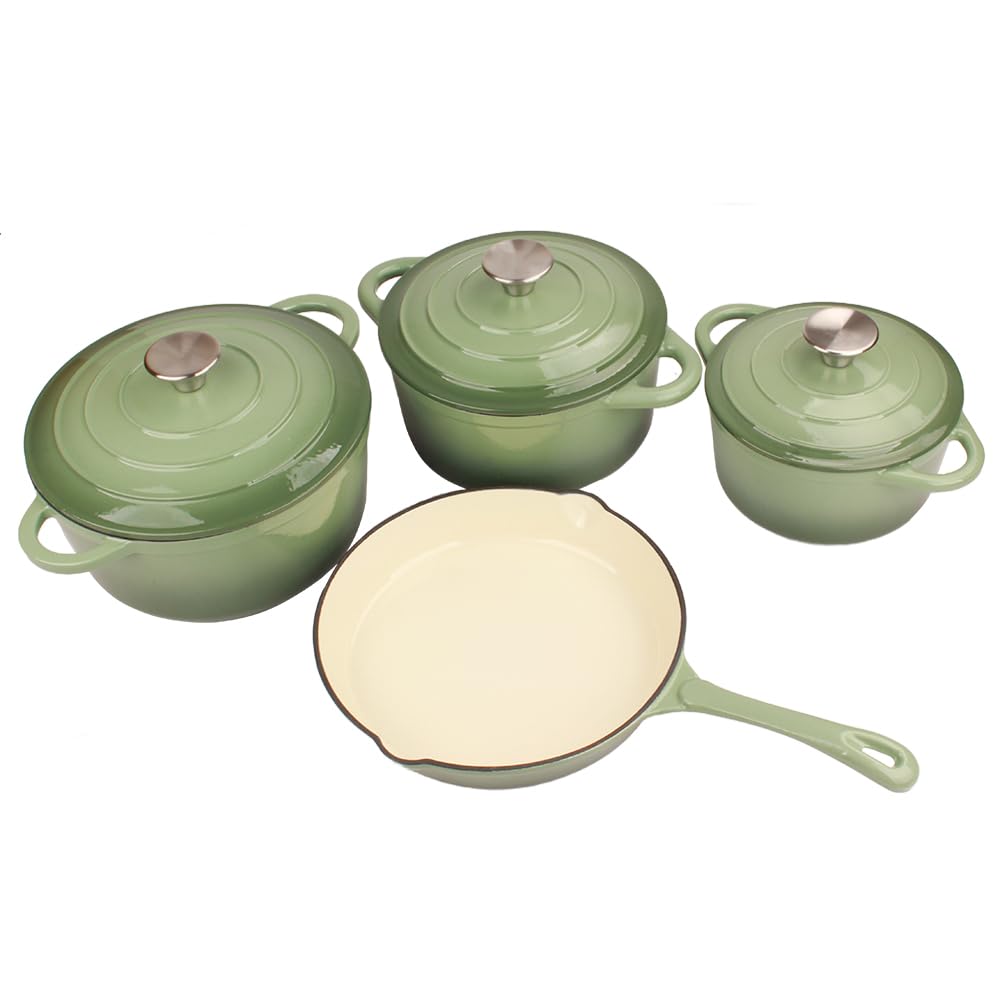 V A V Healthy and Safe, Non-Stick Enameled 7-PCS SET of Cast Iron Dutch Oven Cookwares. Set includes: 24cm-1.4L Fry Pan, 18cm-1.7L, 21cm-2.7L, 24cm-3.9L Dutch Oven Cookwares with Lids.