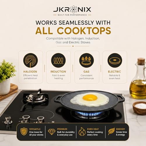 Image of Pre-Seasoned Cast Iron Dosa Tawa with Handle, 30 cm, Naturally Non-Stick Cookware for Roti, Chapati, Chilla & Uttapam, Heavy Duty Griddle, Gas Stove & Induction Compatible (Normal)