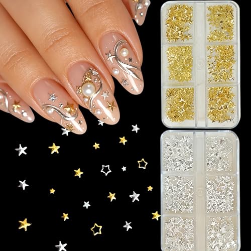 2Boxs Star Nail Charms 3D Gold Silver Hollow Stars Nail Art Charms Five Pointed Stars Nail Rhinestones Cute Star Nail Gems Mixed Sizes Stars Nail Jewelry Manicure Star Nail Supplies for Women DIY