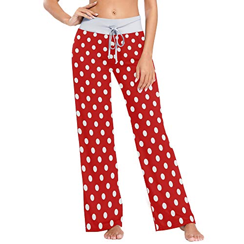 Chifigno Red Polka Dot Women's Pajama Sleep Bottoms Comfy Lounge Pants Wide Leg Pants #TOP18