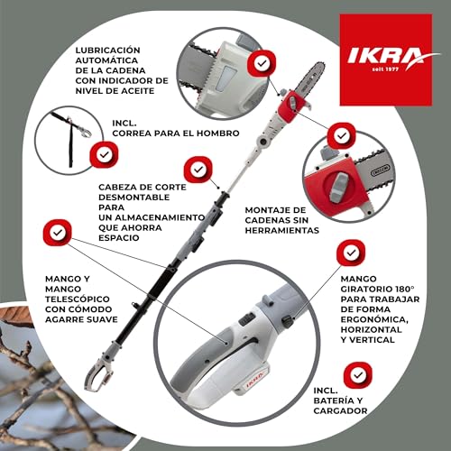 IKRA podadora de Altura Sierra telescópica a batería ICPS 2020, Alcance 4m, Incl. 2X batería, Cargador rápido y Cinta de Hombro