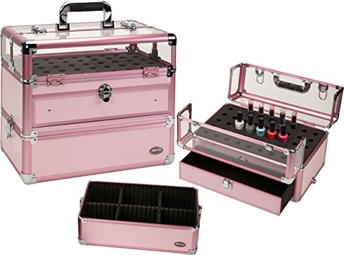 Seya Professional 45 Nail Polish Clear Panel Makeup Artist Organizer Cosmetic Case w/Slide Out Drawer (Pink)